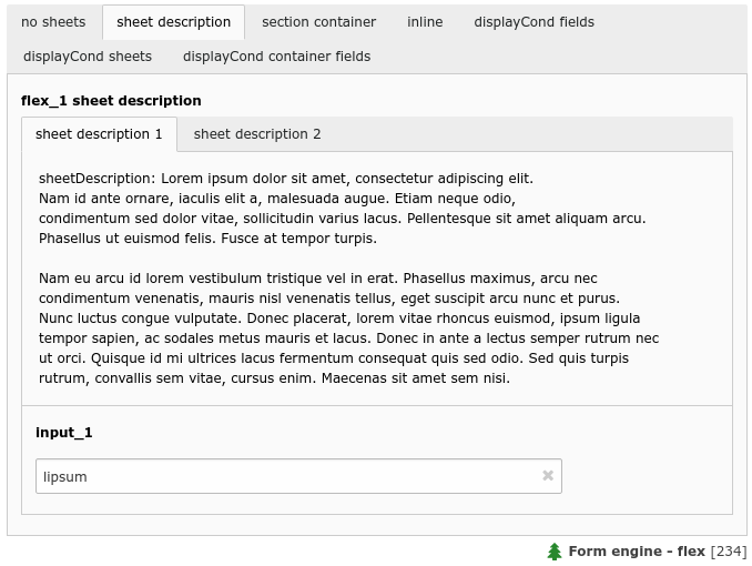 A flex form field with two sheets and some sheet description (flex_1)