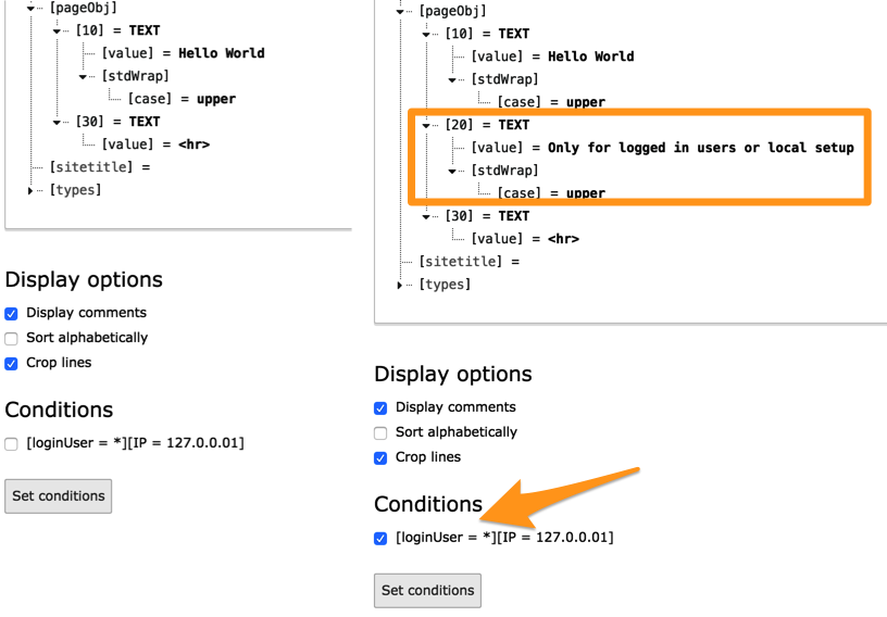 The Object Browser showing different objects depending on whether a condition is set or unset.