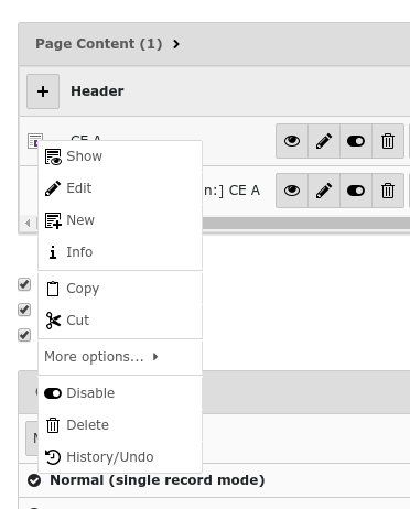 Context-sensitive menu in mode Web > List
