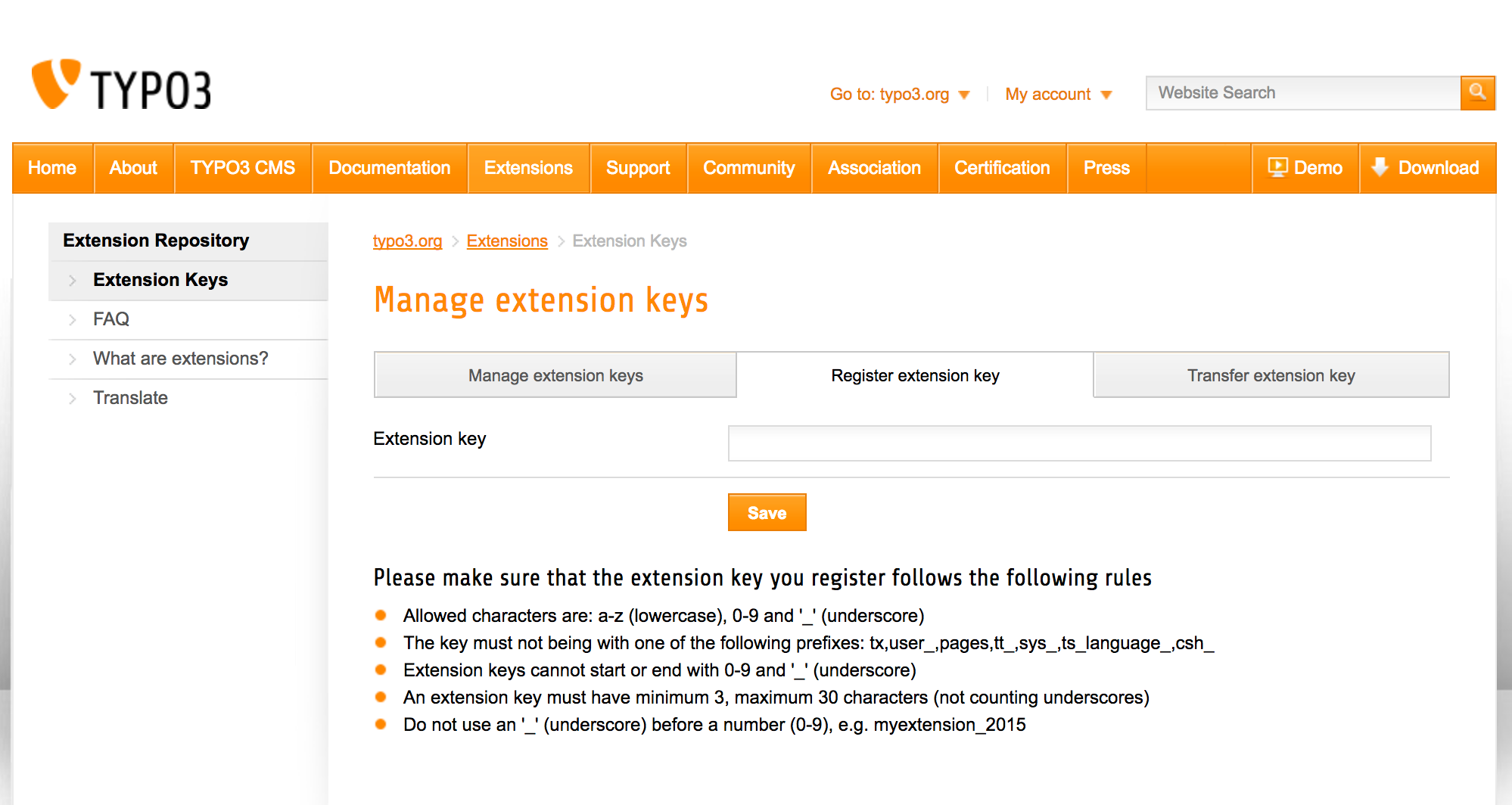 The extension registration form