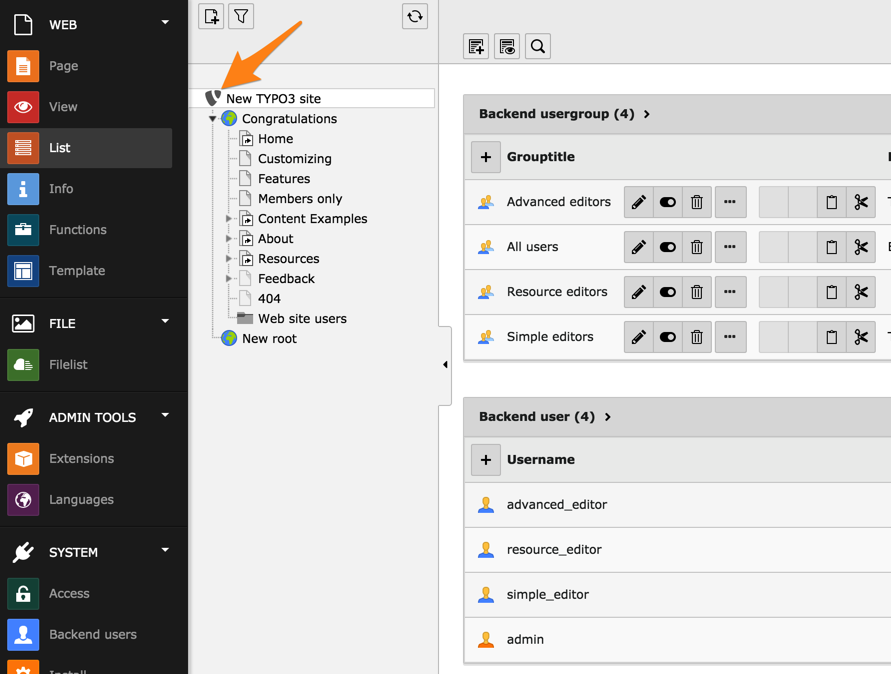Users and groups reside on the root page