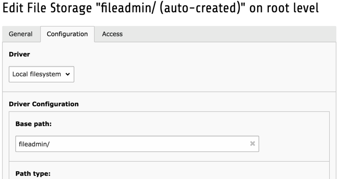 The default file storage points to "fileadmin"