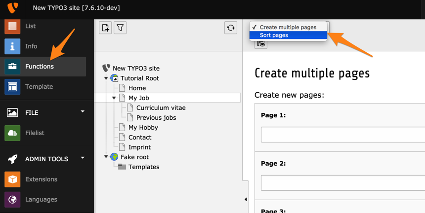 The function menu with the registered function modules